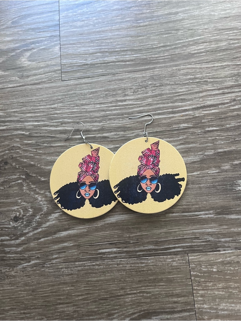 Yellow Round Afro Woman Graphic Drop Earrings